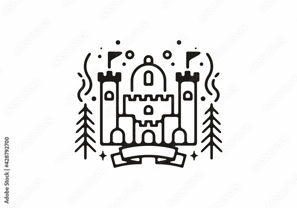 Black line art illustration of castle with pine trees
