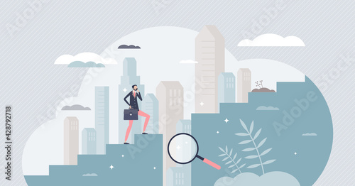 Gap analysis as cautious businessman obstacle evaluation tiny person concept. Barrier measurement as business future risk research vector illustration. Problem overcome and challenge forecasting.