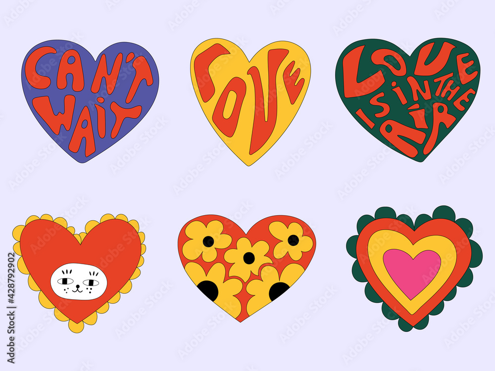 vector set of valentines in hippie style.Vintage heart shapes with ...