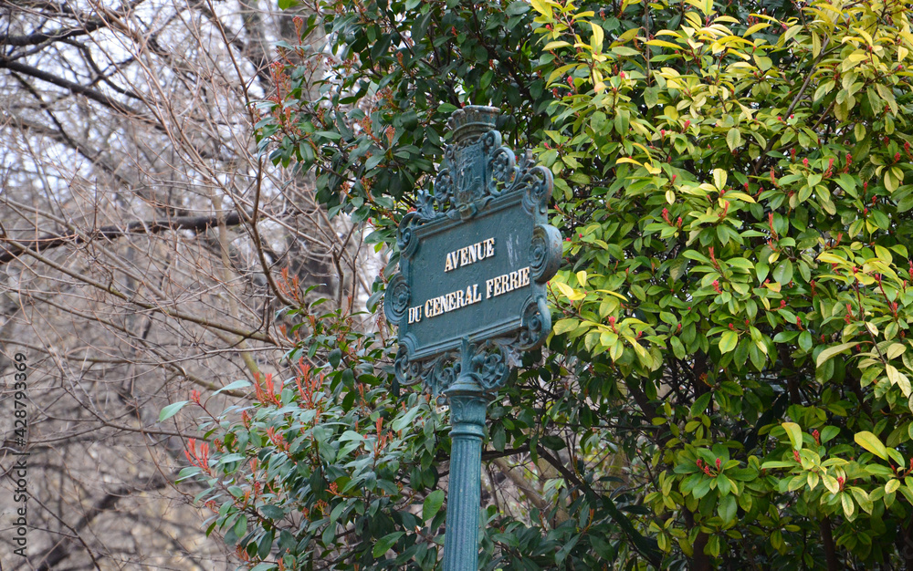 Avenue du General Ferrie Street Sign at Eiffel Tower Park during spring with cherry blossom Avenue du General Ferrie Street Sign at Eiffel Tower Park during spring with cherry blossom