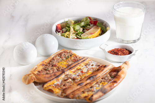 Assorted Turkish foodset. pide with meat , pide with egg, pide mix, lachmajun