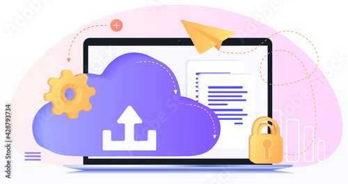 
Database with cloud server, Data set, process, classification, database. Company process development structure. Data Center concept based. Business organization with circle gear mechanism. Web banner