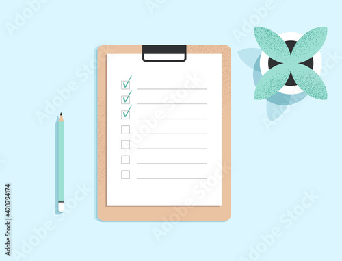 Clipboard with checklist on a white sheet of paper with green tick marks. Check list, to do, questionnaire concept. Document on the table. Top view. Minimalist isolated flat vector illustration photo