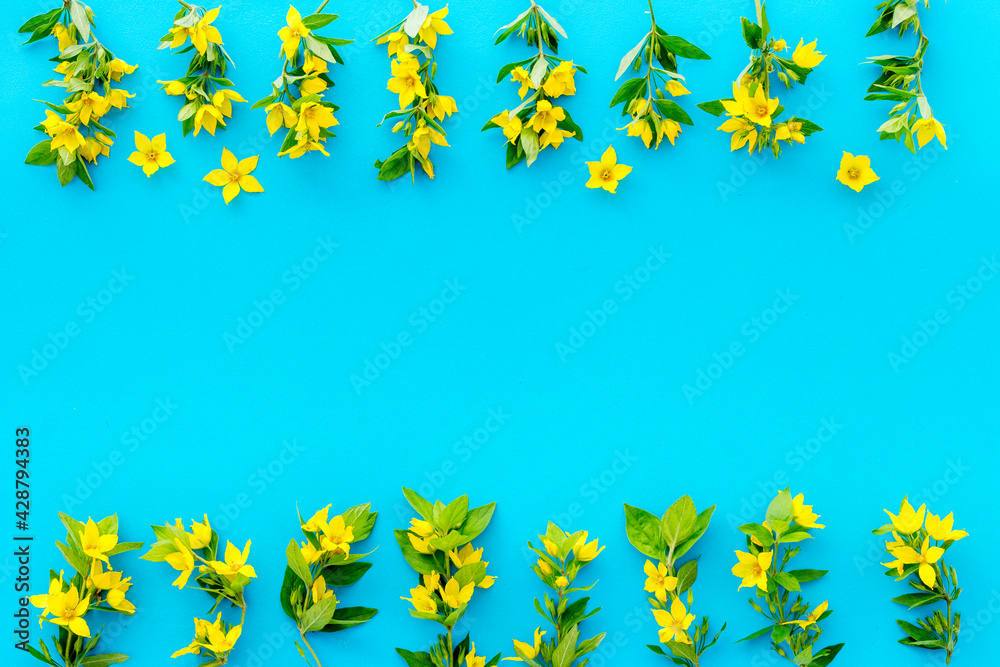 Blank greeting card with yellow flowers, top view. Floral background Blank greeting card with yellow flowers, top view. Floral background
