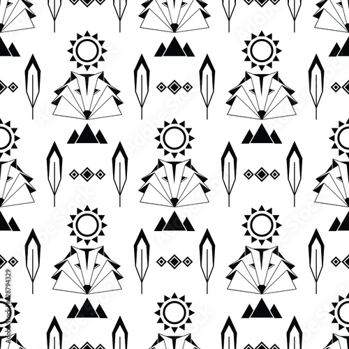 white seamless pattern with native american ethnic pattern. black wolf, feather, mountains, sun.  vector