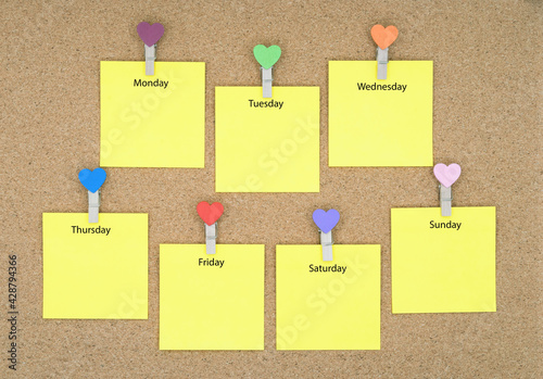 Seven yellow sticky notes with days of the week on a cork board.