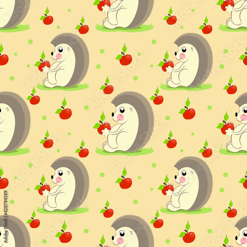 seamless background with happy hedgehog with red apple. for children. 