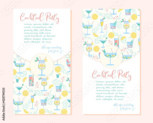 Coctail Party Flyer Banner in trendy color. Summer drinks with lemon, berry, mint, ice and straw. Party, pub, restoraunt or club invitation. fresh and cold alcohol coctail. Vector illustration.