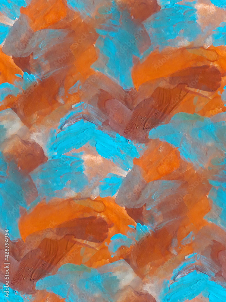 the texture of the brush strokes.Colors in the image;blue, brown, and orange