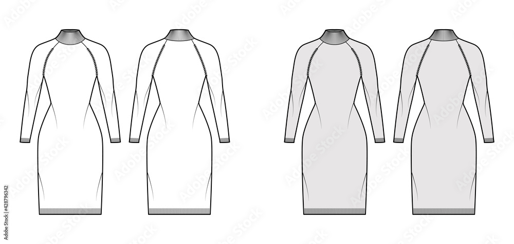 Turtleneck dress Sweater technical fashion illustration with long sleeves, fitted body, knee length, knit trim. Flat jumper apparel front, back white grey color style. Women men unisex CAD mockup