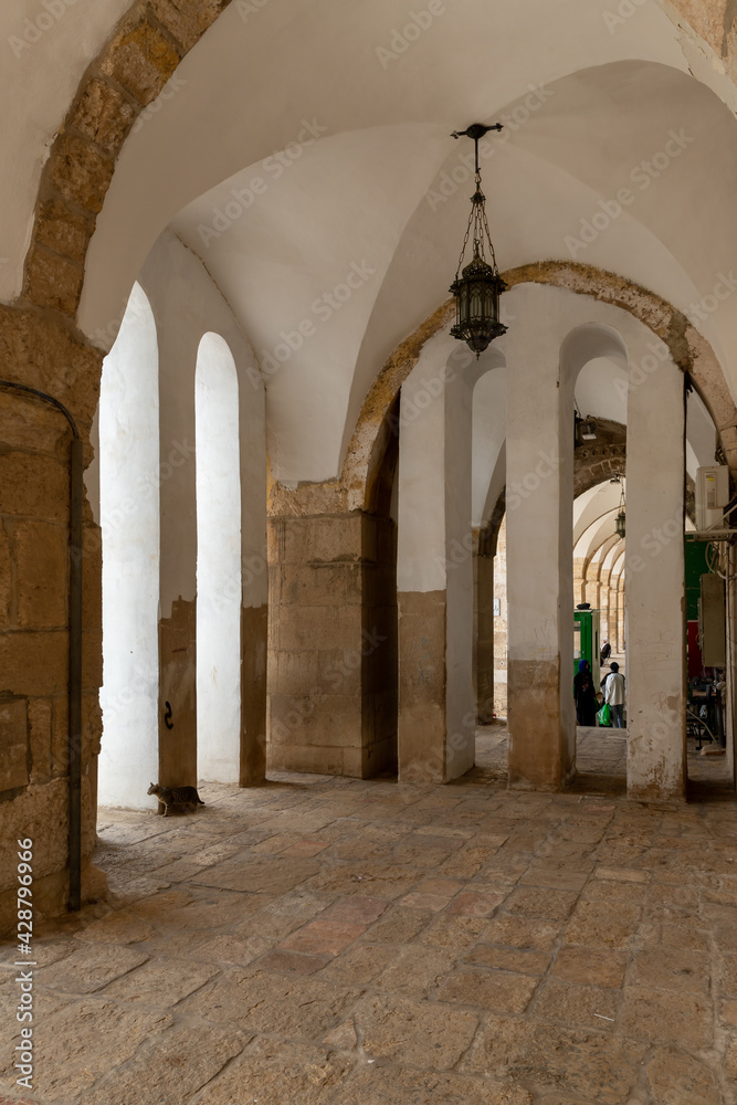 The arched  tunnel under the residential buildings on the west wall in the south part the Temple Mount in the Old Town of Jerusalem in Israel