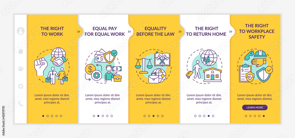 Naklejka premium Immigrant worker rights onboarding vector template. Responsive mobile website with icons. Web page walkthrough 5 step screens. Legal labor abroad color concept with linear illustrations