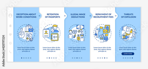 Migrant workers rights abuse onboarding vector template. Responsive mobile website with icons. Web page walkthrough 5 step screens. Harassment color concept with linear illustrations