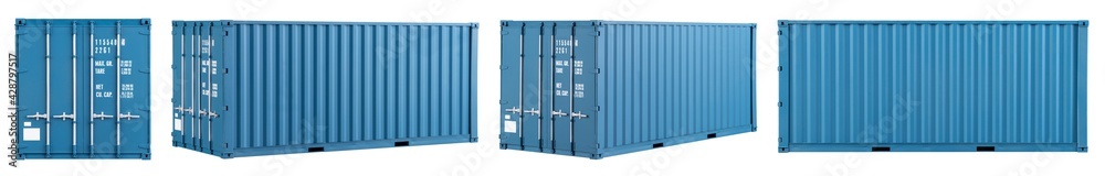 set collection of blue shipping cargo container in various different angles isolated white background. transportation ship delivery logistics and freight concept. - obrazy, fototapety, plakaty 