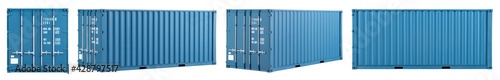 set collection of blue shipping cargo container in various different angles isolated white background. transportation ship delivery logistics and freight concept. photo