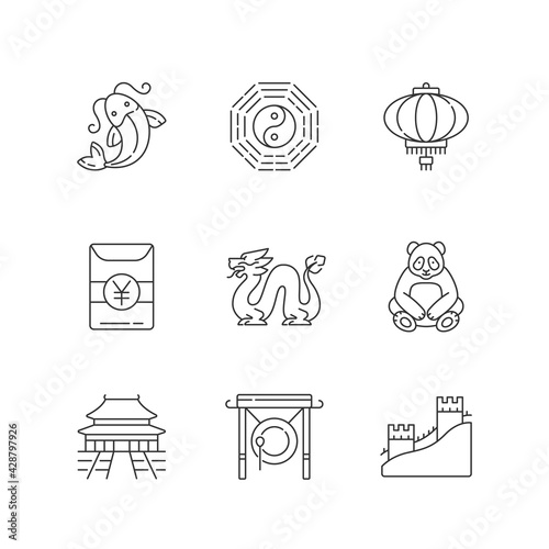 Oriental culture linear icons set. Koi fish. Bagua, hong bao. Loong dragon. Lunar New Year traditions. Customizable thin line contour symbols. Isolated vector outline illustrations. Editable stroke
