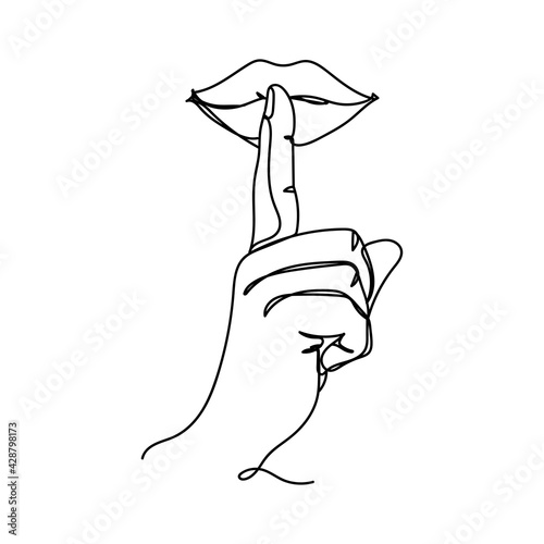 Continuous one line of mouth with finger silence in silhouette. Minimal style. Perfect for cards, party invitations, posters, stickers, clothing. Black abstract icon.