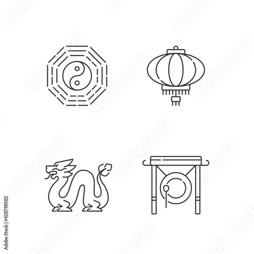 Lunar New Year attributes linear icons set. Bagua, feng shui. Paper lantern. Loong dragon. Chinese gong. Customizable thin line contour symbols. Isolated vector outline illustrations. Editable stroke