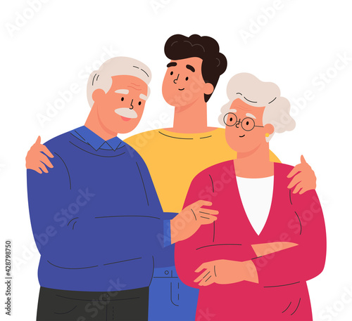 Portrait of happy family hugging each other. Adult man embracing mature parents or grandparents isolated on white background. Parents with child feeling love. Vector illustration in flat style.