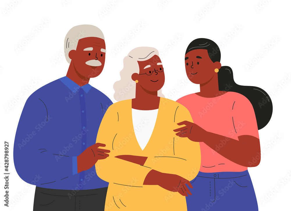 Portrait of happy family hugging each other. Adult woman embracing mature parents or grandparents isolated on white background. Old parents with child feeling love. Vector illustration in flat style.