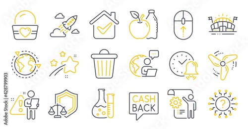 Set of Business icons, such as Justice scales, Chemistry lab, Money transfer symbols. Startup rocket, Apple, Outsourcing signs. Wind energy, Sports arena, Settings blueprint. Alarm bell. Vector