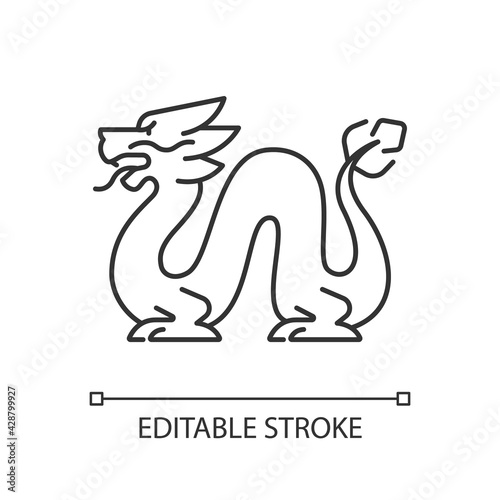 Loong dragon linear icon. Ancient Chinese traditions. Lunar New Year festival. Feng shui. Thin line customizable illustration. Contour symbol. Vector isolated outline drawing. Editable stroke