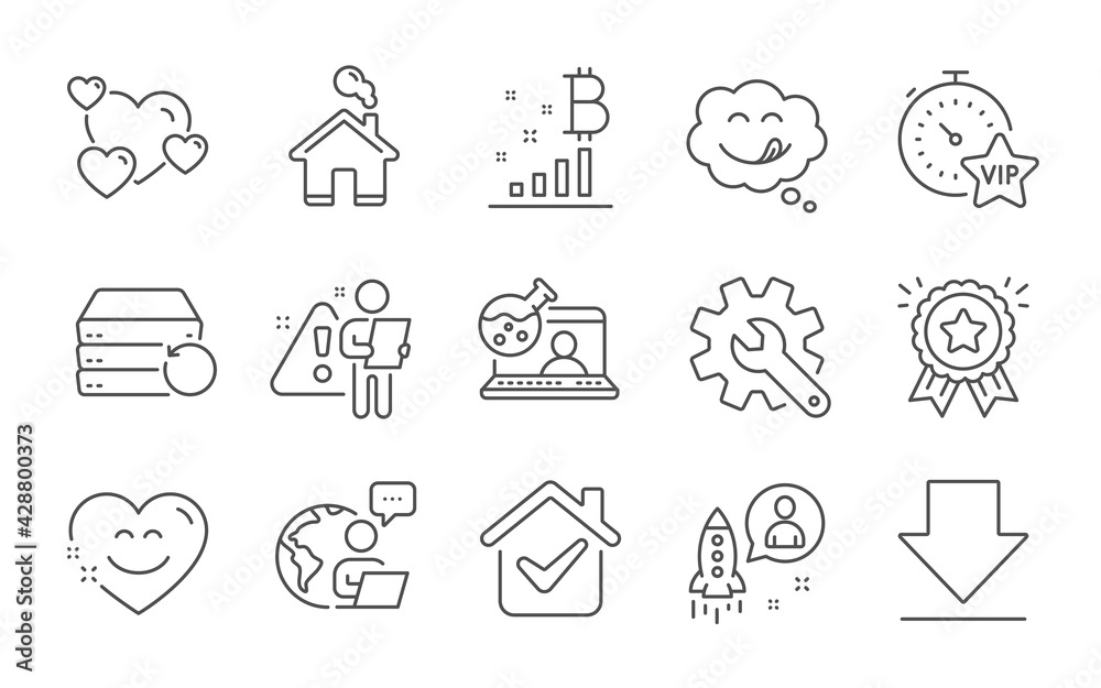 Vip timer, Startup and Online chemistry line icons set. Loyalty award, Smile chat and Heart signs. Yummy smile, Downloading and Bitcoin graph symbols. Recovery server, Home and Customisation. Vector