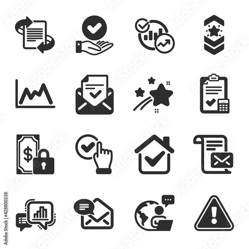 Set of Education icons, such as New mail, Shoulder strap, Mail letter symbols. Approved checkbox, Marketing, Graph chart signs. Private payment, Accounting checklist, Diagram. Statistics. Vector