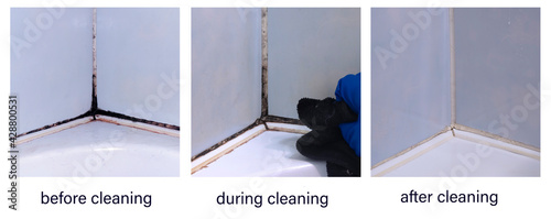 A collage of photos before, during, and after cleaning the black toxic mold in the inter-tile seams in the corner of the bathroom. An example of successful operation of cleaning chemicals