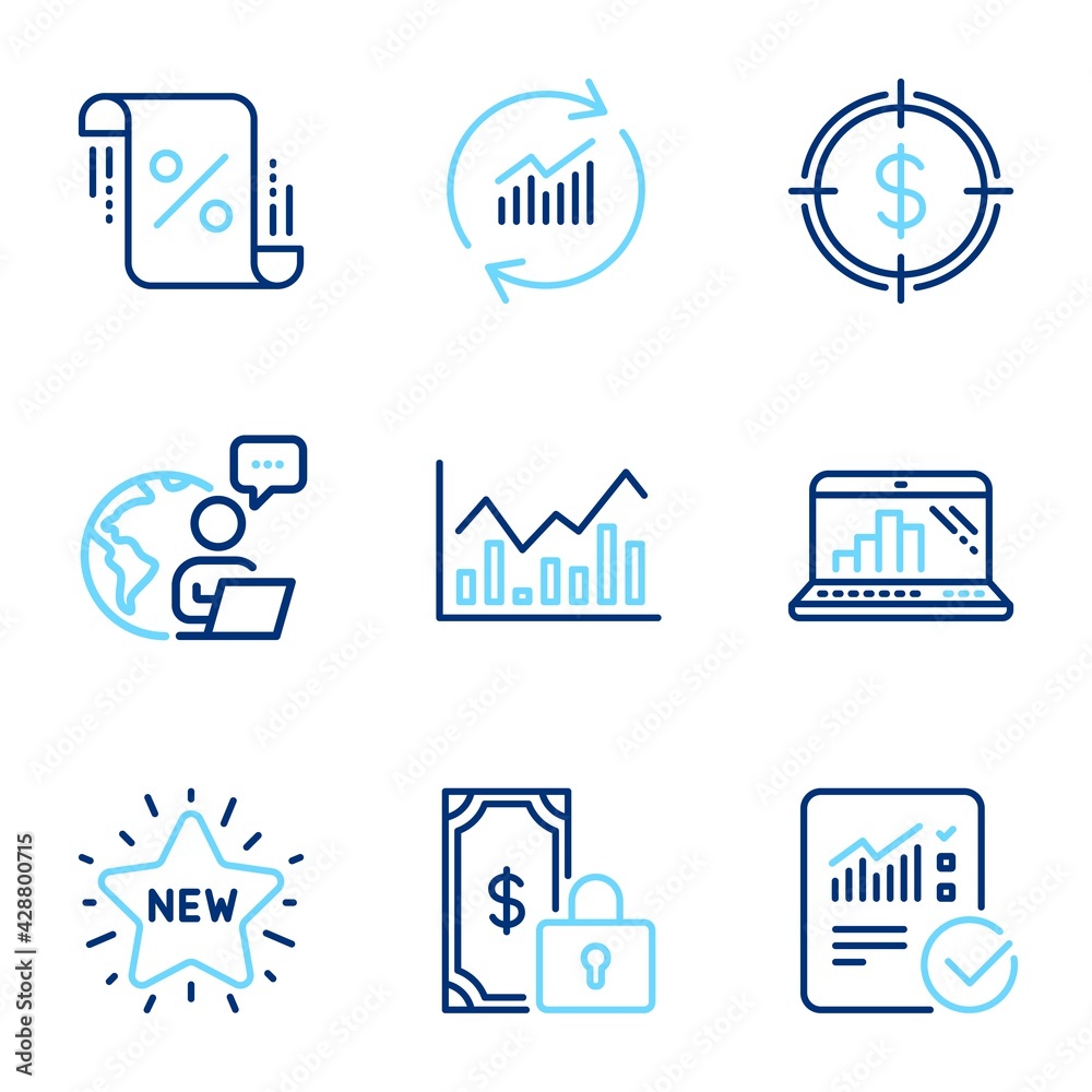 Finance icons set. Included icon as Update data, Infochart, Checked calculation signs. Graph laptop, New star, Loan percent symbols. Private payment, Dollar target line icons. Line icons set. Vector