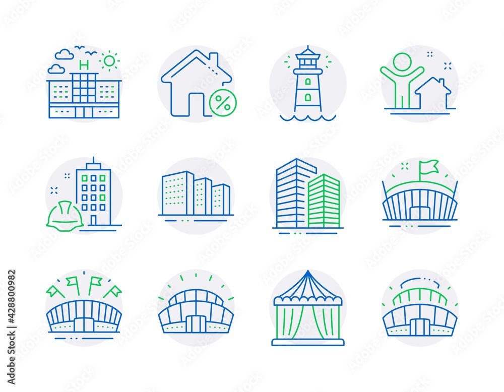 Buildings icons set. Included icon as New house, Lighthouse, Arena signs. Buildings, Sports arena, Skyscraper buildings symbols. Sports stadium, Loan house, Construction building. Hotel. Vector