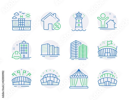 Buildings icons set. Included icon as New house, Lighthouse, Arena signs. Buildings, Sports arena, Skyscraper buildings symbols. Sports stadium, Loan house, Construction building. Hotel. Vector