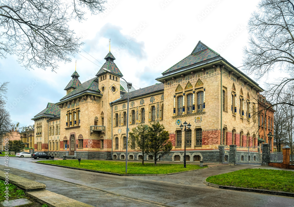 Poltava, Ukraine - April 14, 2021: Facade of the building of the Local History Museum in the city of Poltava, Ukraine. An old historical building of the provincial assembly. Popular tourist landmark
