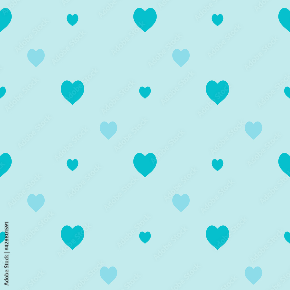 Seamless pattern with blue hearts on light blue background. Vector image.