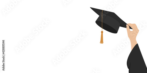 Higher education poster with copy space. Hand hold mortarboard. Vector illustration.