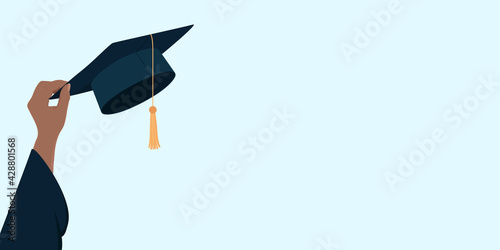 Post-secondary education poster with copy space. Hand hold mortarboard. Vector illustration.