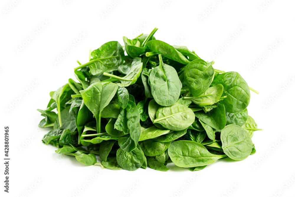 Bunch of baby spinach leaves isolated white background Bunch of baby spinach leaves isolated white background