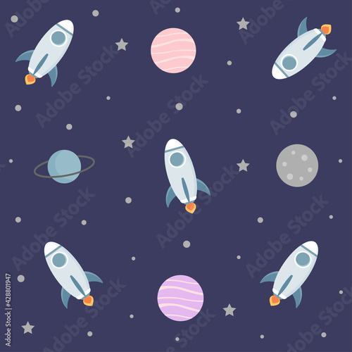 Seamless pattern with rocket and planets. Vector illustration.
