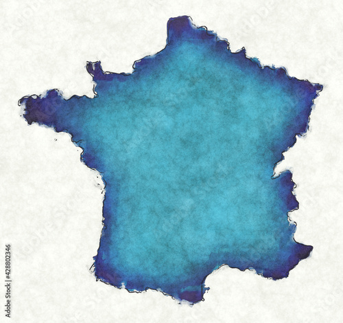 France map with drawn lines and blue watercolor illustration