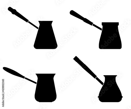 Coffee cezve set icons isolated on white background. Bowl with a handle for making coffee on the stove. Turkish pots of coffee. Hand-drawn coffee makers. Coffeepot Vector illustration