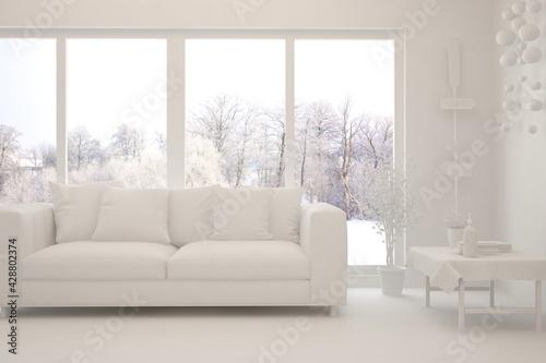 Mock up of stylish room in white color with sofa and winter landscape in window. Scandinavian interior design. 3D illustration