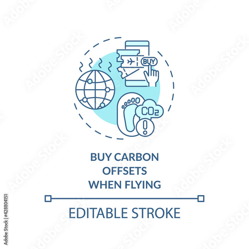 Buy carbon offsets when flying concept icon. Sustainable tour tips. Pay extra money on top of flight cost idea thin line illustration. Vector isolated outline RGB color drawing. Editable stroke