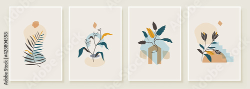 Abstract Botanical Organic Art Illustration. Set of soft color painting wall art for house decoration. Minimalistic canvas background design. Vector wall art plants in boho style.