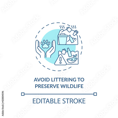 Avoid littering to preserve wildlife concept icon. Sustainable tour tips. Damage natural ecosystems idea thin line illustration. Vector isolated outline RGB color drawing. Editable stroke