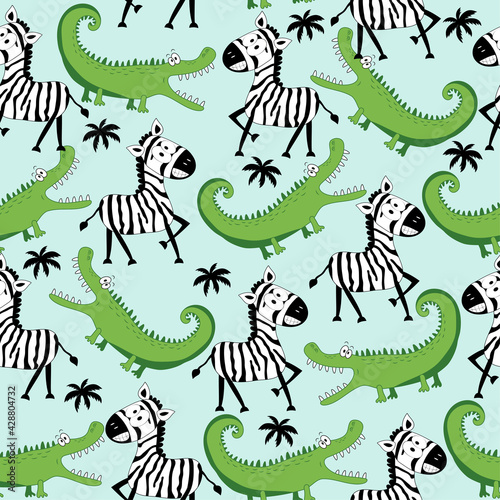 Savannah seamless pattern- funny zebra and crocodile hand drawn vector illustartion. Good for Textile print, T shirt, poster, wrapping and wall paper design.