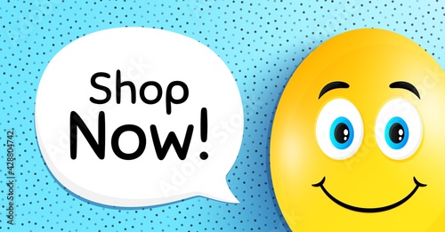 Shop now symbol. Easter egg with smile face. Special offer sign. Retail Advertising. Easter smile character. Shop now speech bubble. Yellow egg background. Vector