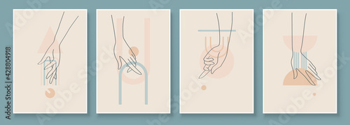 Modern Abstract Art Illustration with Woman Hands. Set of aesthetic organic art in one line style for house decoration. Minimalistic canvas background design. Vector wall art shapes in boho style.
