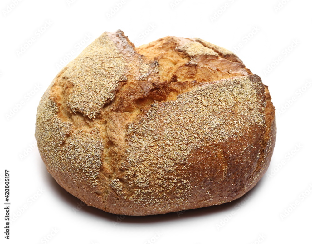 Round bread loaf with corn and wheat flour isolated on white background Round bread loaf with corn and wheat flour isolated on white background