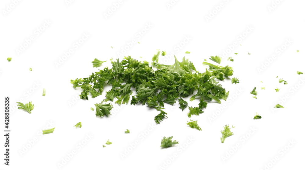 Fresh green sliced French parsley leaves isolated on white background Fresh green sliced French parsley leaves isolated on white background