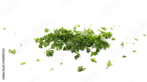 Fresh green sliced French parsley leaves isolated on white background